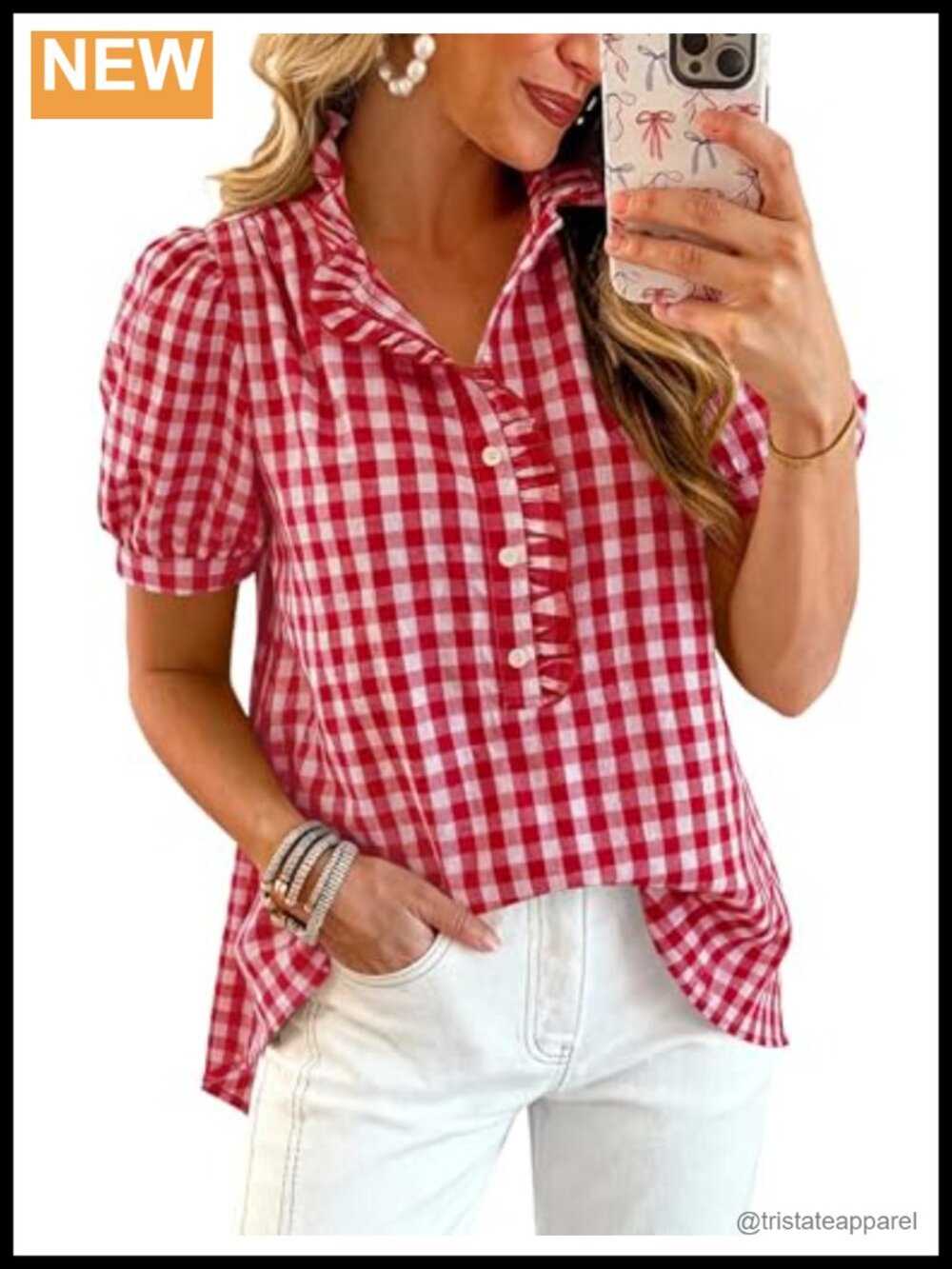Womens Gingham Puff Sleeve Ruffle V Neck Button Down Blouse Cotton